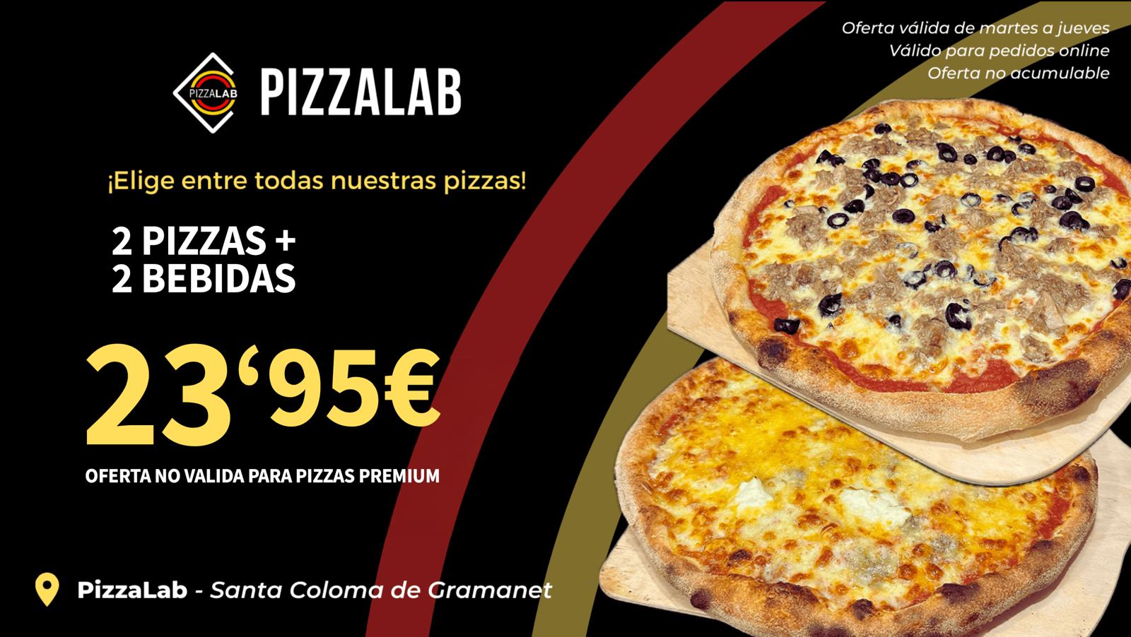 2 pizzas y 2 bebidas por 23,95€