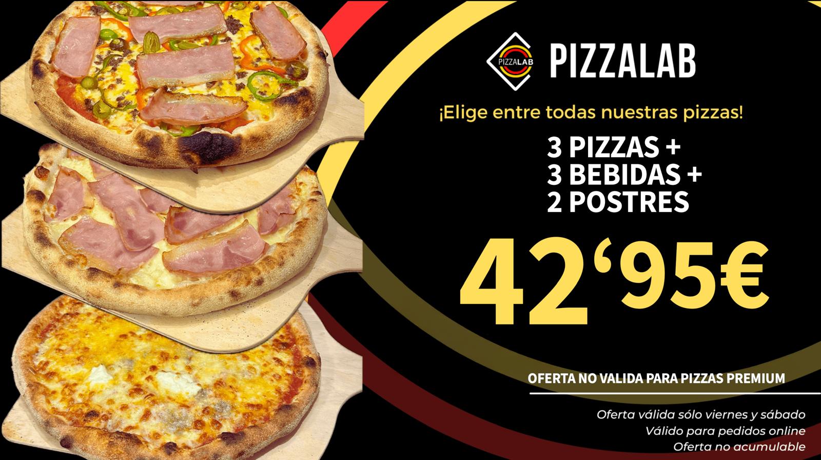 3 pizzas, 3 bebidas y 2 postres por 42,95€